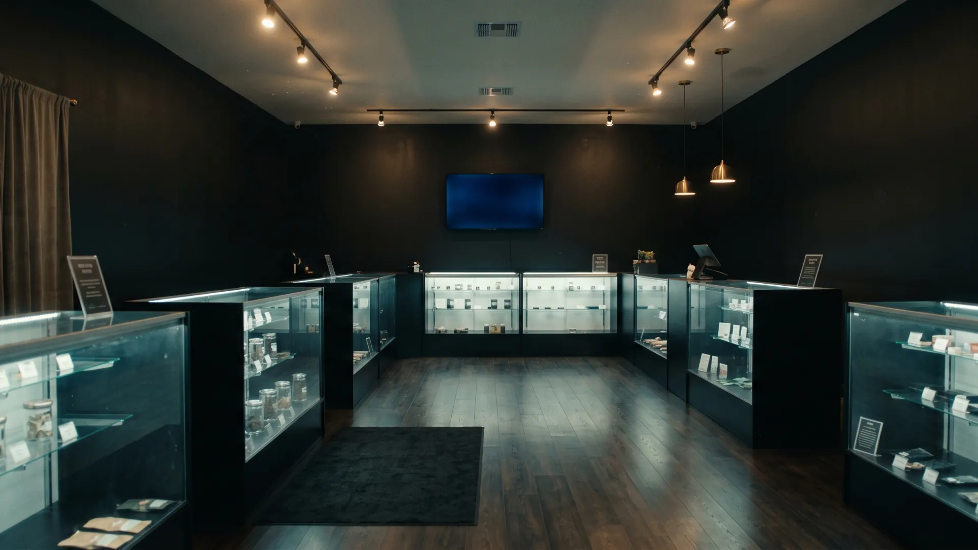 Modern cannabis dispensary at night