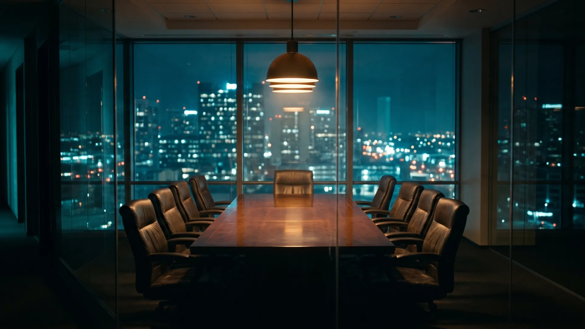 Law firm conference room overlooking city at night