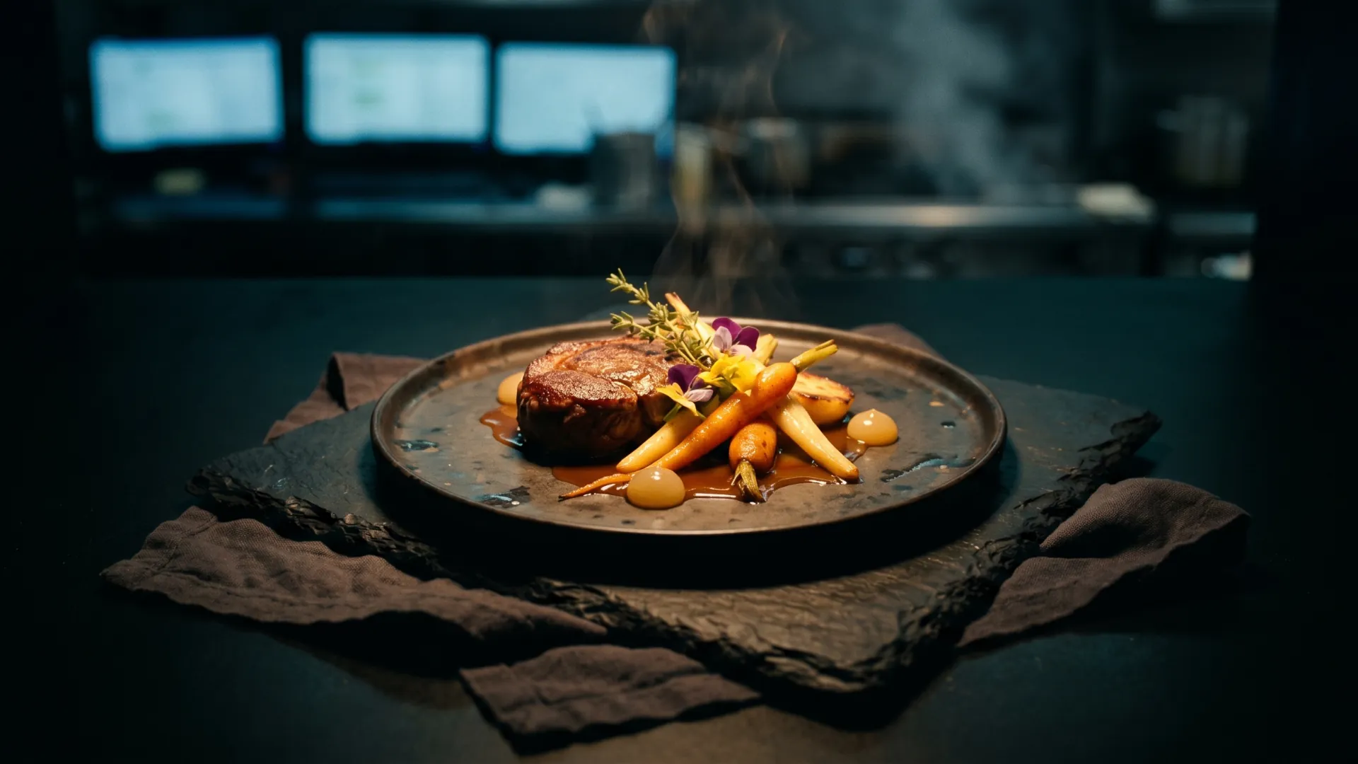 Cinematic plated restaurant dish on dark stone