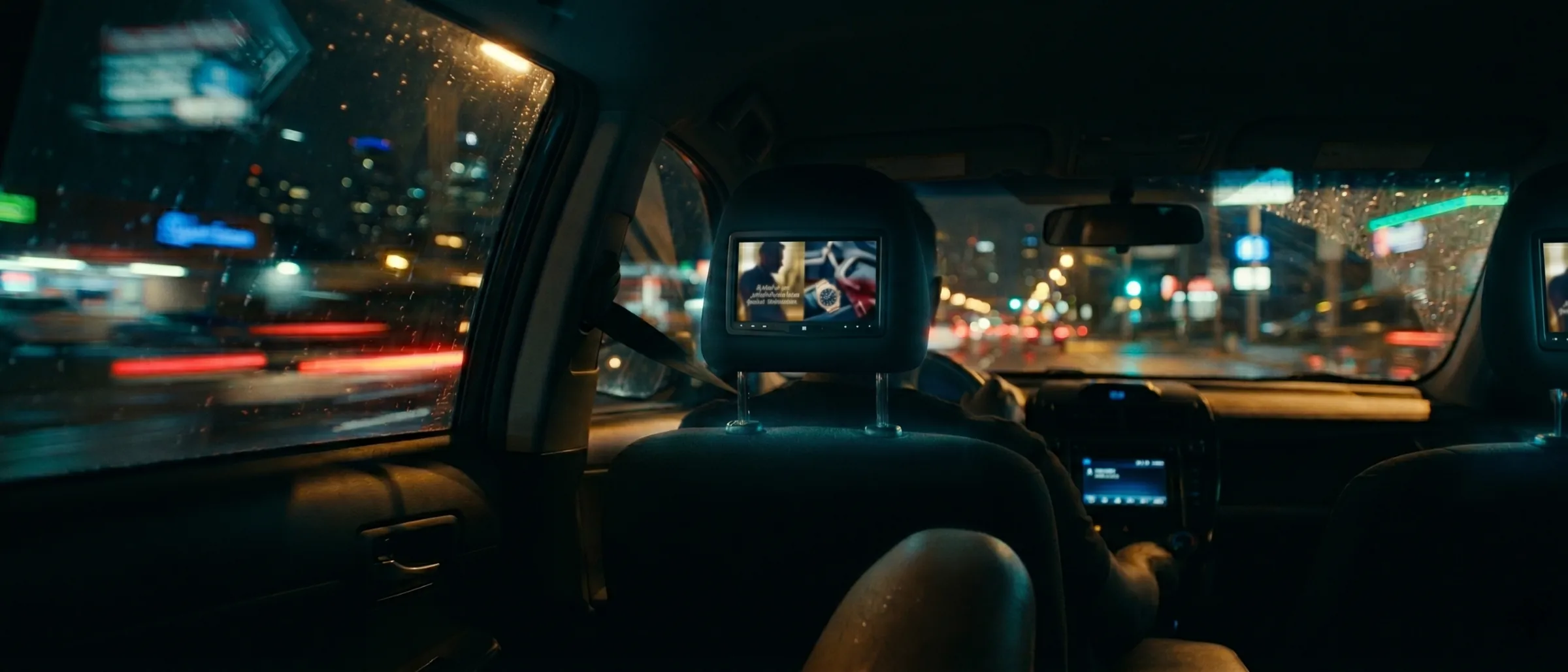 View from inside a moving rideshare vehicle at night